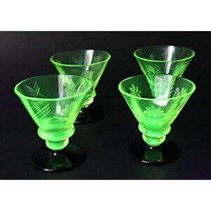 4 Vintage Uranium Green Depression Glass Cordial with Black Base Rare Barware
